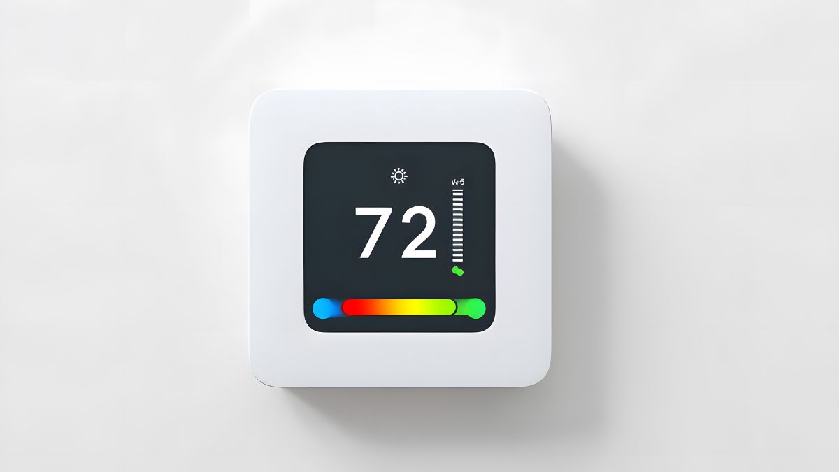 Ein moderner Bimetall-Thermostat zeigt die Temperatur auf 72 Grad an.
