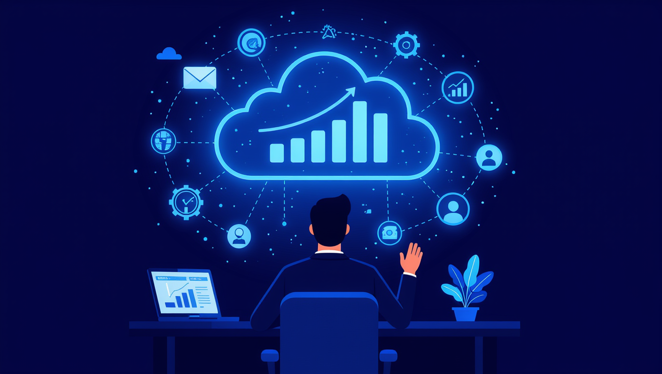 Ein Mann sitzt vor einem Laptop und betrachtet eine Cloud-Datenvisualisierung mit Wachstumssymbolen.