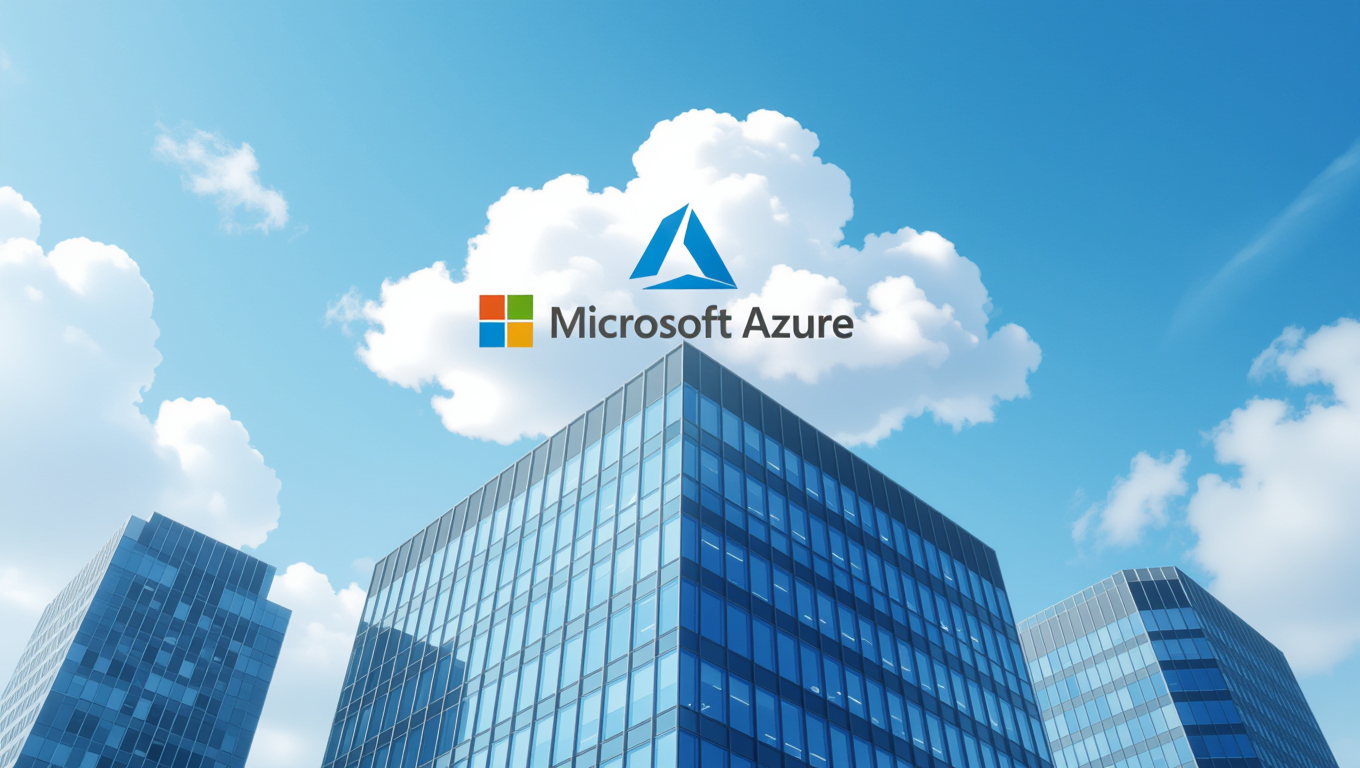 Moderne Bürogebäude unter einem blauen Himmel mit Microsoft Azure-Logo.