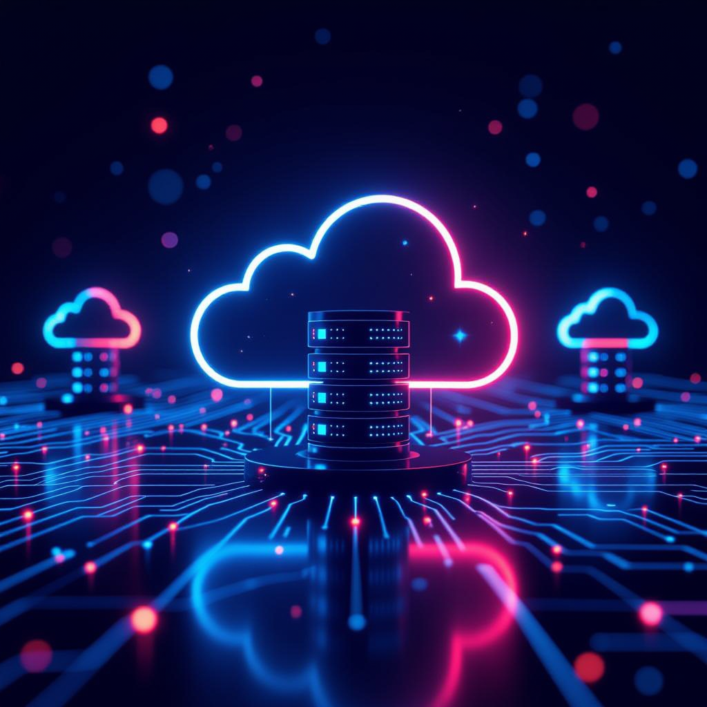 Futuristische Darstellung von Cloud-Datenbanken mit leuchtenden Elementen.