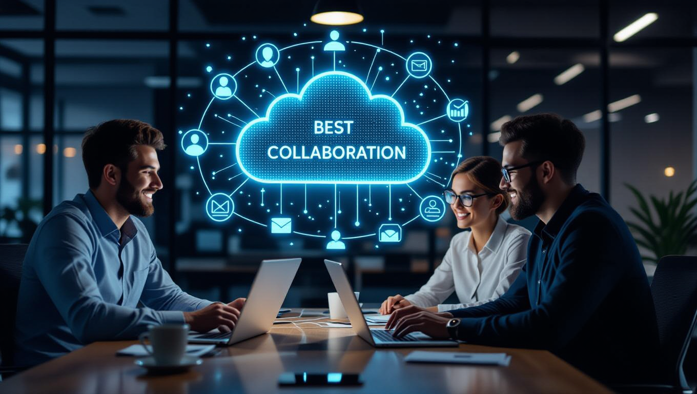 Drei Personen arbeiten an Laptops in einem modernen Büro mit Cloud-Symbolen.