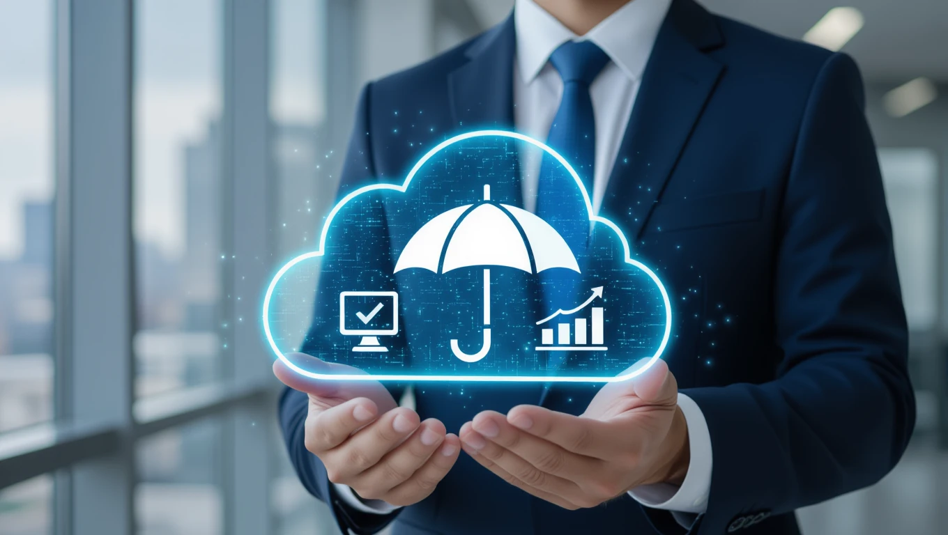 Ein Geschäftsmann hält eine digitale Wolke mit einem Regenschirm-Symbol, das Sicherheit darstellt.