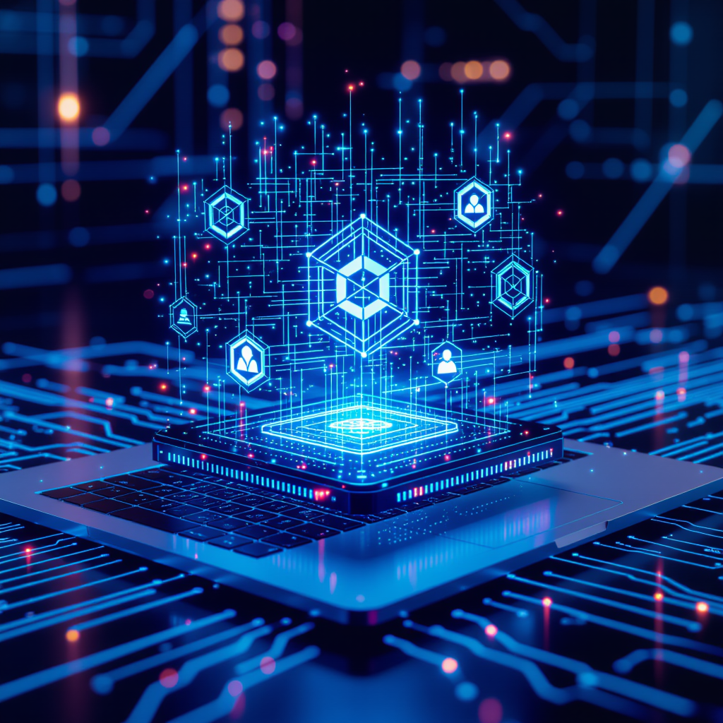 Ein Laptop mit leuchtenden, digitalen Cloud-Symbolen und Netzwerkinformationen.