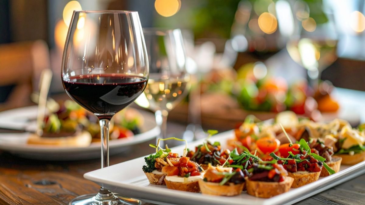 Ein elegantes Glas Rotwein vor einer Auswahl an köstlichen Häppchen auf einem Tisch.