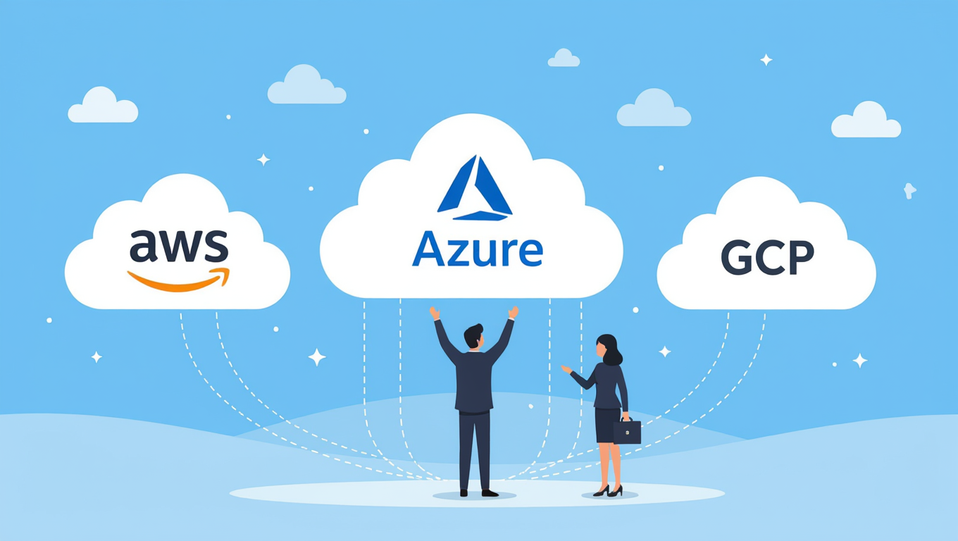Zwei Personen diskutieren über Cloud-Dienste wie AWS, Azure und GCP.