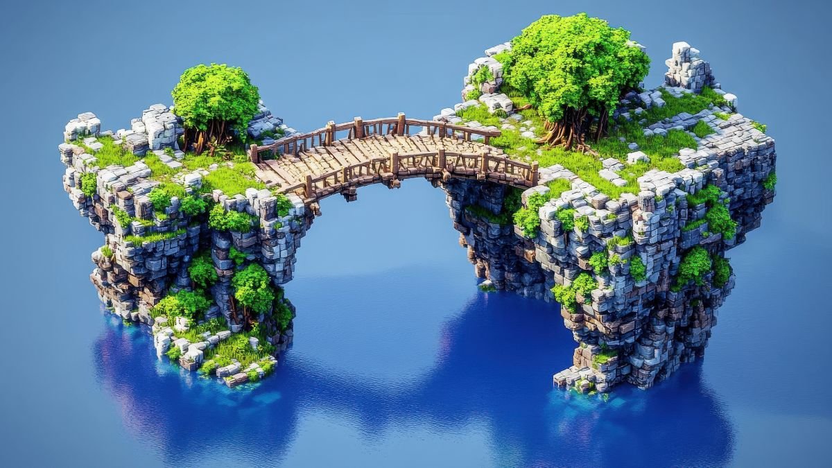 Eine kreative Minecraft-Landschaft mit einer Holzbrücke und Bäumen auf Felsen.