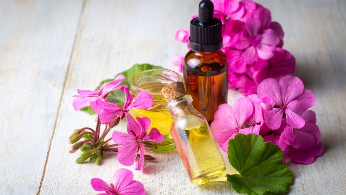 Zwei Fläschchen mit Pelargonienöl und frischen Rosengeranienblüten auf einem Holzuntergrund.