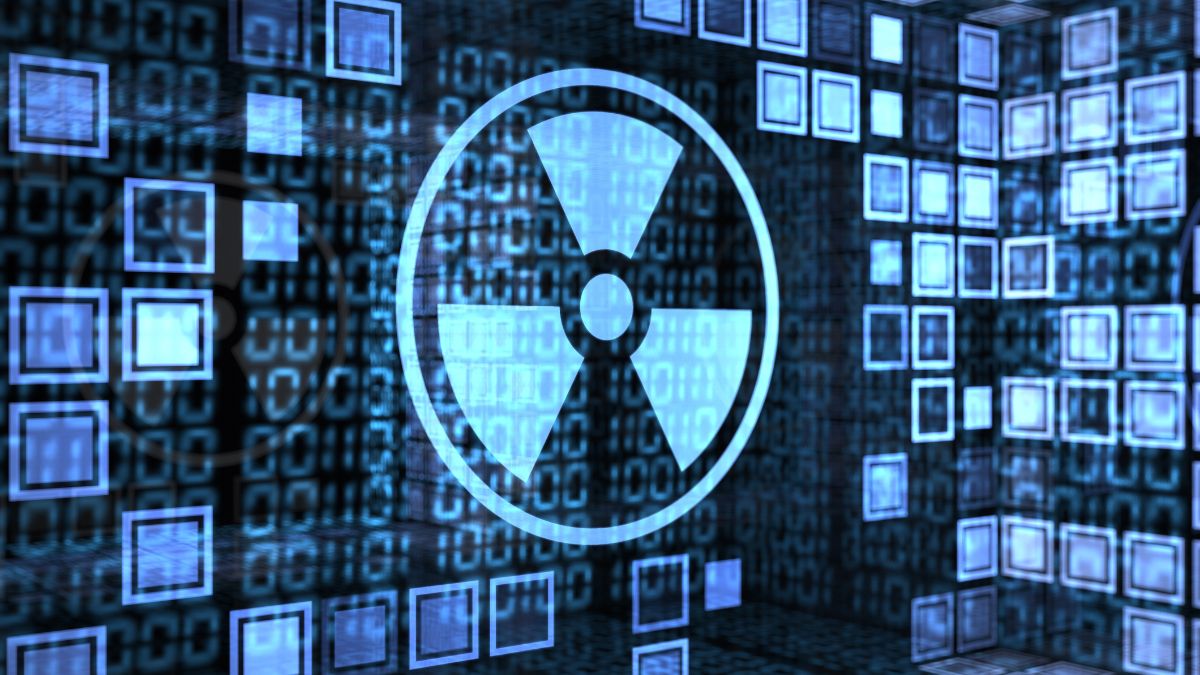 Ein leuchtendes Symbol für radioaktive Strahlung vor einem digitalen Hintergrund.