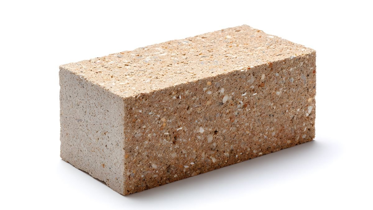 Ein Schlackeblock-Ziegel mit rauer Oberfläche und beige Farbe.