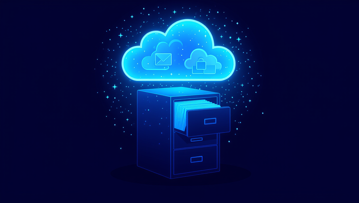 Ein stilisierter Aktenschrank mit einer Wolke darüber, die Daten symbolisiert.