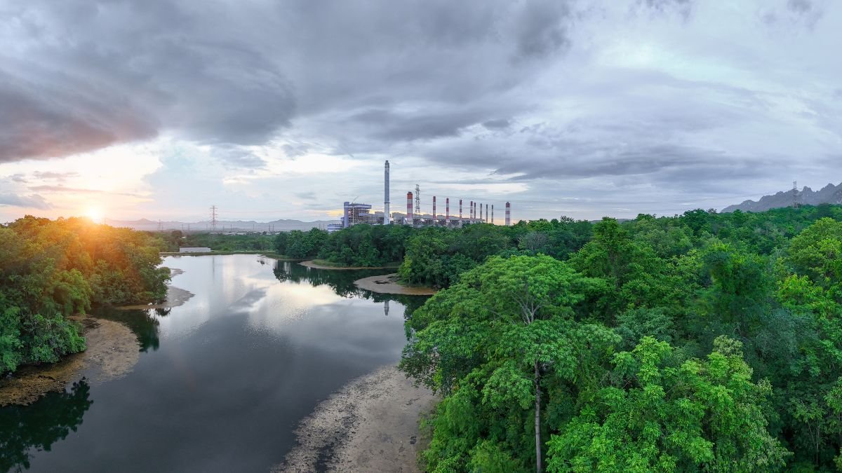 Eine Landschaft mit einem Fluss, umgeben von Bäumen und einer Industrieanlage im Hintergrund.