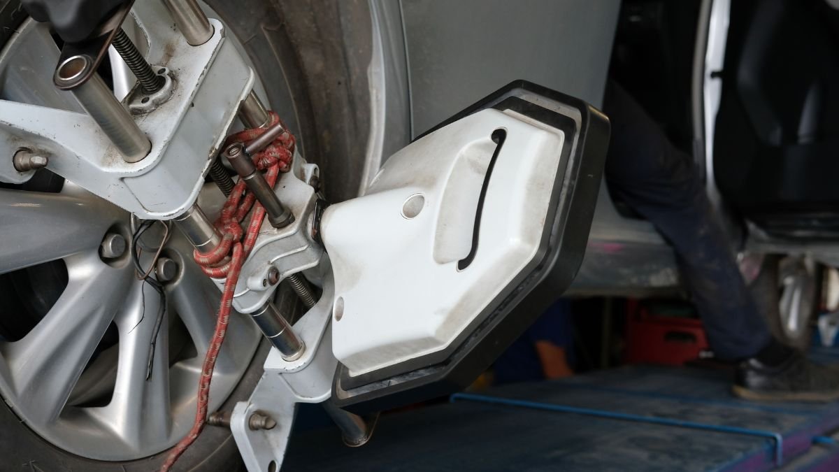 Nahaufnahme eines verstellbaren Fahrwerks an einem Fahrzeugrad.