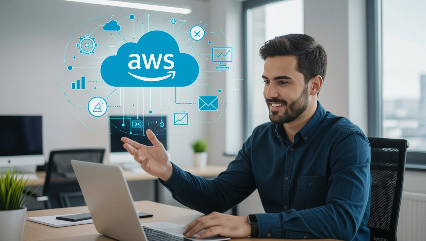 Ein Mann sitzt am Schreibtisch und interagiert mit Cloud-Technologie-Symbolen.