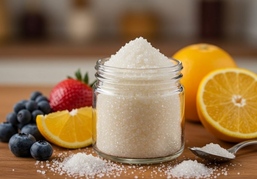 Ein Glas mit Acesulfam-K und frischen Früchten wie Erdbeeren und Orangen.