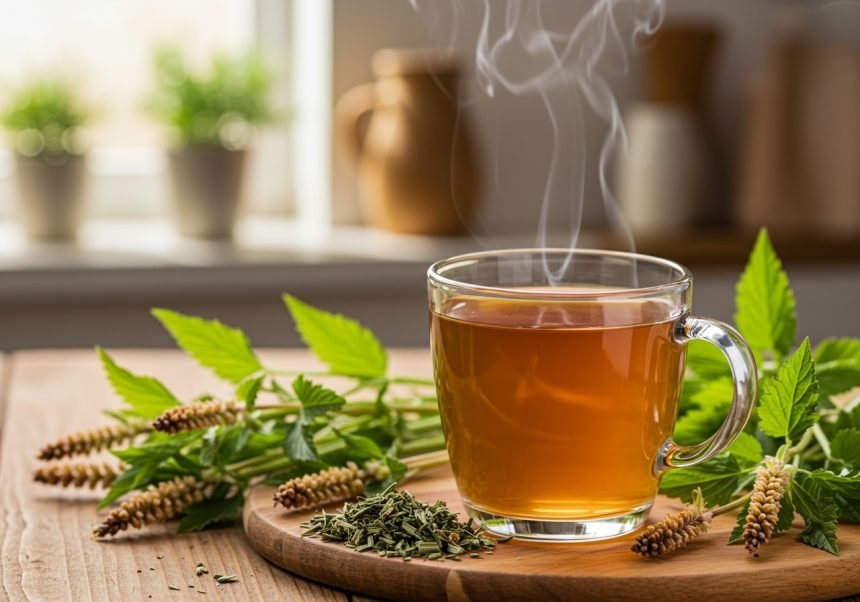 Eine Tasse dampfender Ackerschachtelhalmtee auf einem Holzbrett, umgeben von frischen Kräutern.