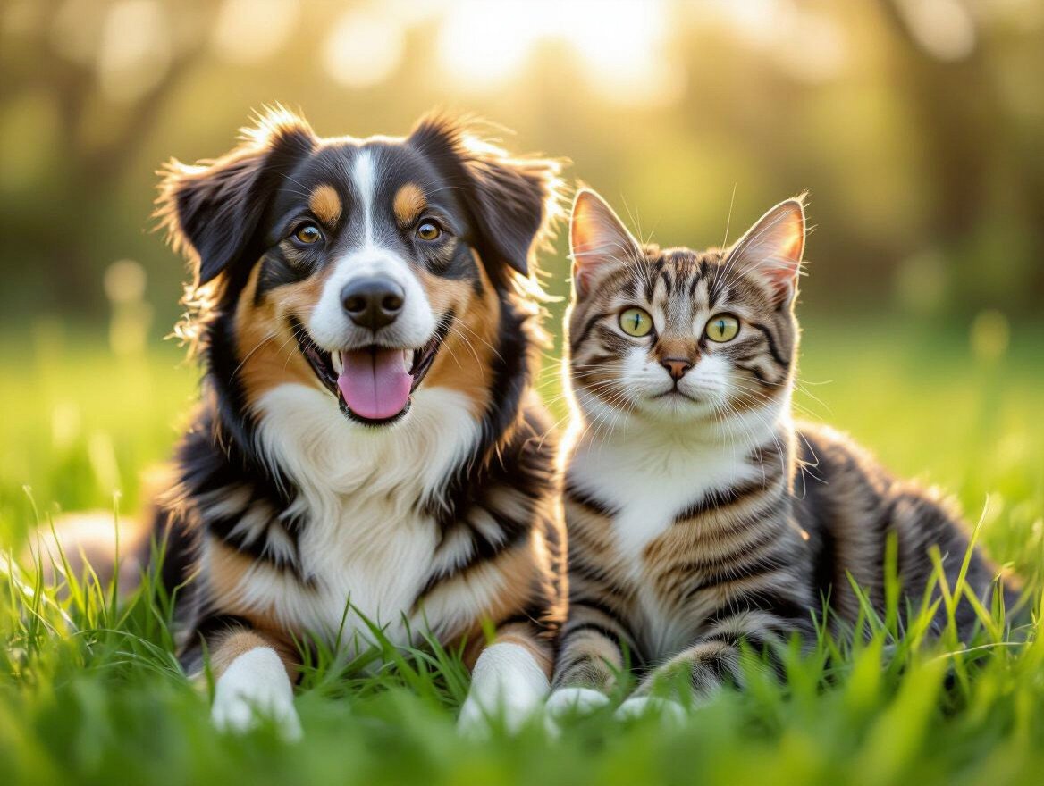 Ein glücklicher Hund und eine Katze liegen entspannt im Gras.