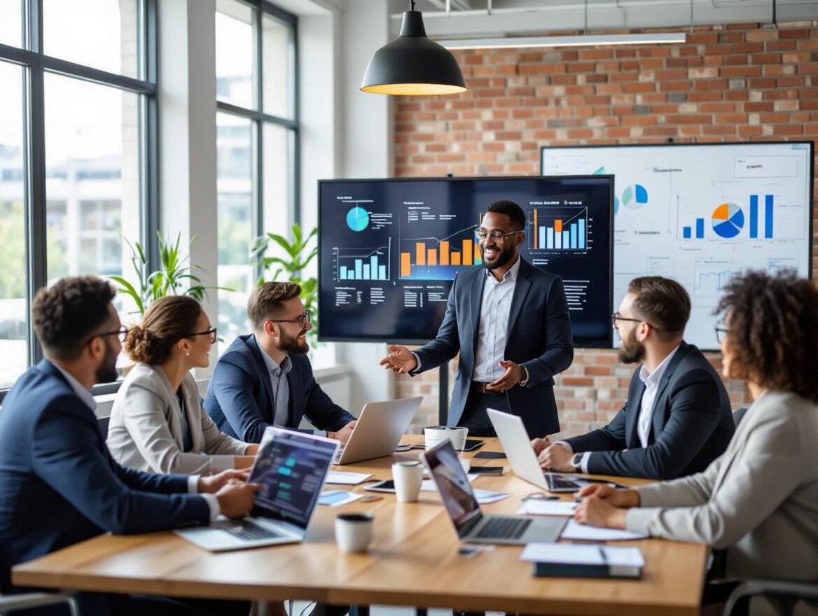 Ein Team von Fachleuten diskutiert in einem modernen Konferenzraum.