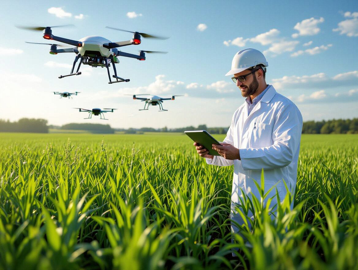 Ein Agrar-Innovations-Experte überwacht Drohnen in einem Feld.