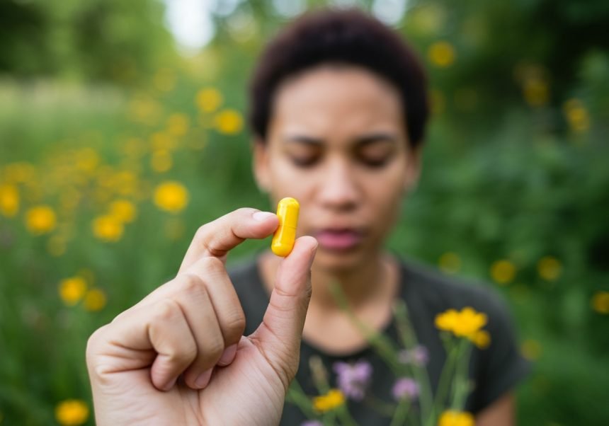 Eine Person hält eine gelbe Kapsel in der Hand, umgeben von blühenden Pflanzen.