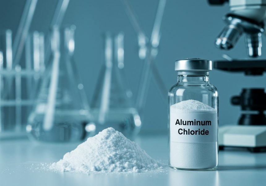 Ein Glasbehälter mit Aluminiumchlorid und einem Haufen des Pulvers auf einem Tisch.