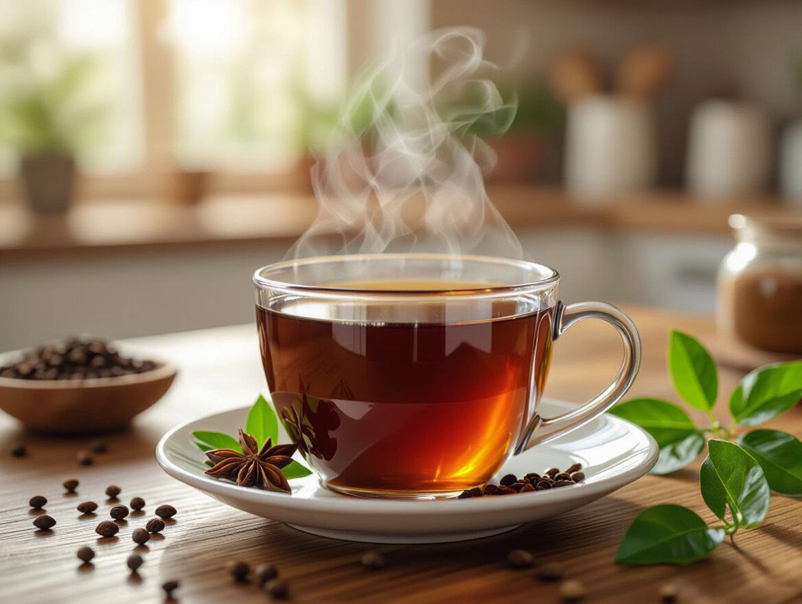 Eine dampfende Tasse Anis-Tee auf einem Holztisch mit Kaffeebohnen.