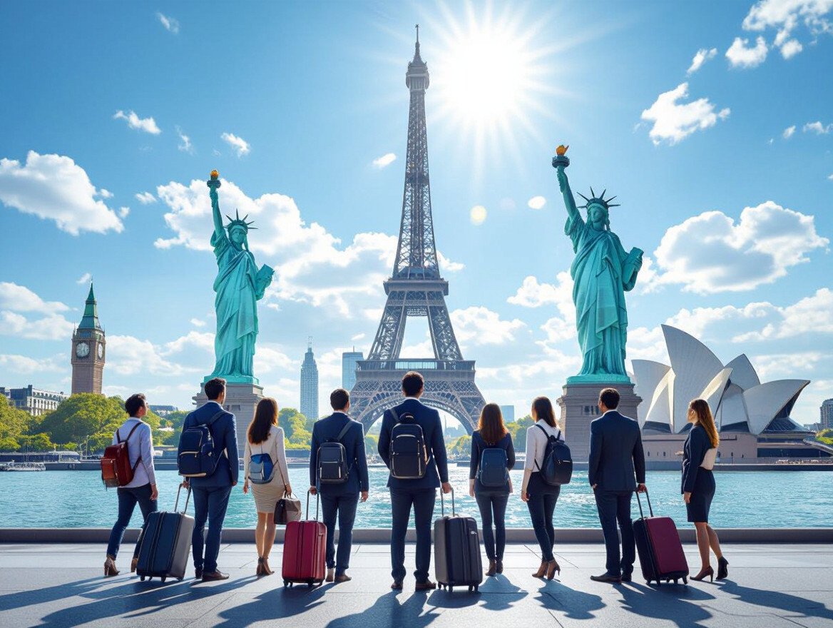 Eine Gruppe von Berufstätigen mit Koffern vor berühmten Wahrzeichen.