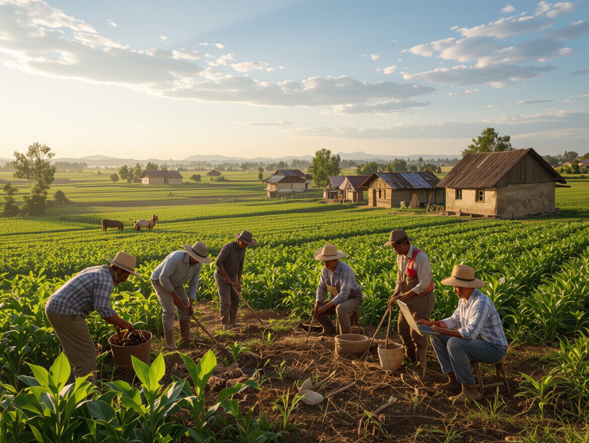 Landwirte arbeiten in einem grünen Feld mit Häusern im Hintergrund.