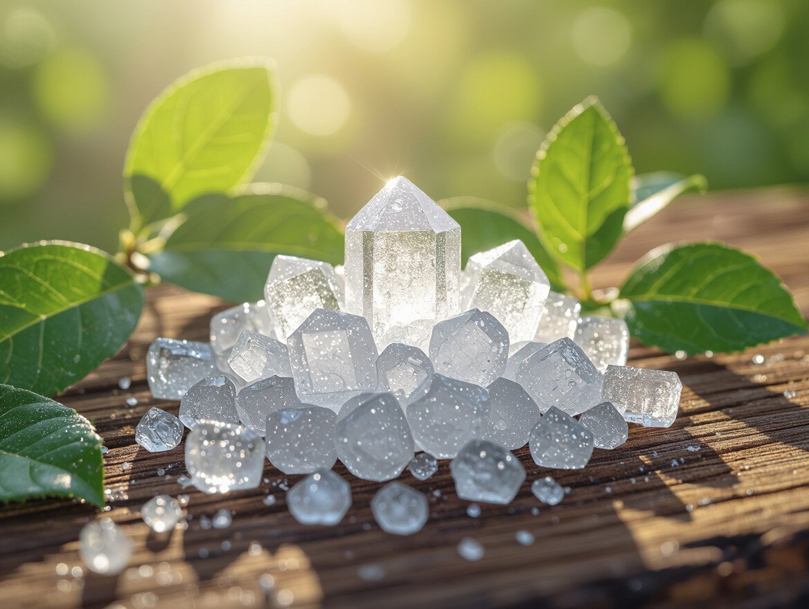 Klarer Kristall von Argentum Nitricum umgeben von grünen Blättern.