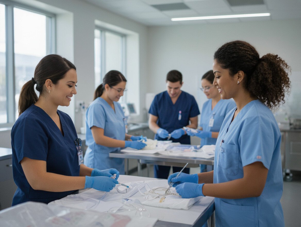 Medizinische Assistenten in blauen Uniformen arbeiten an einem Tisch mit medizinischen Geräten.