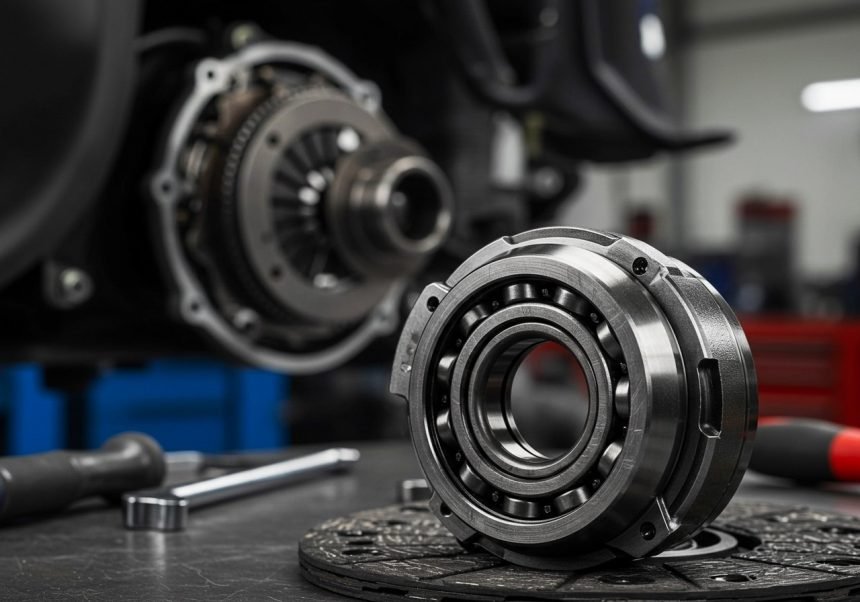 Nahaufnahme eines Ausrücklagers im Kupplungssystem auf einer Werkbank.