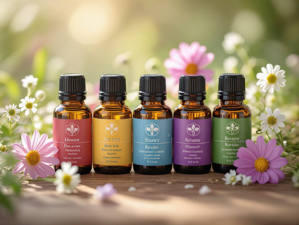 Fünf Flaschen mit Bachblütenessenzen umgeben von bunten Blumen.