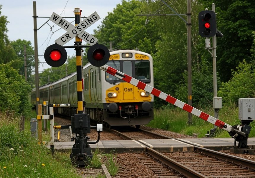 Ein Bahnübergang mit Schranken und einem herannahenden Zug im Hintergrund.