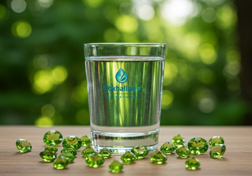 Ein Glas basisches Wasser mit grünen Peridot-Steinen auf einem Holztisch.