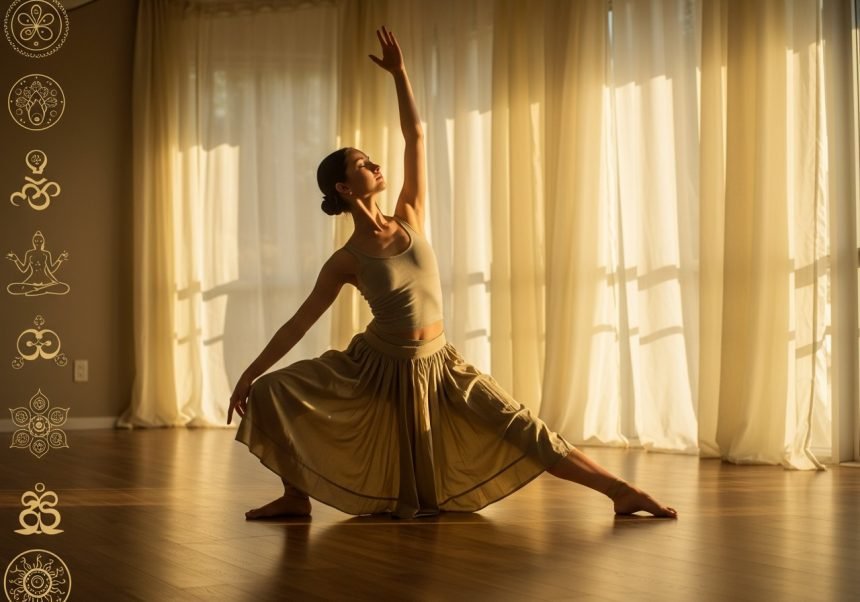 Eine Tänzerin in einem hellen Raum, die anmutig Bauchtanzbewegungen ausführt.