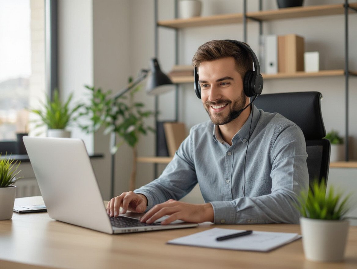 Ein junger Mann mit Kopfhörern sitzt an einem Schreibtisch und führt ein Online-Bewerbungsgespräch.