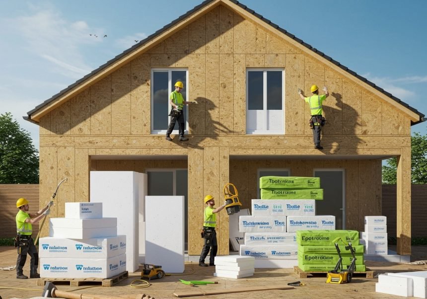 Arbeiter installieren nachhaltige Dämmmaterialien an einem Haus.