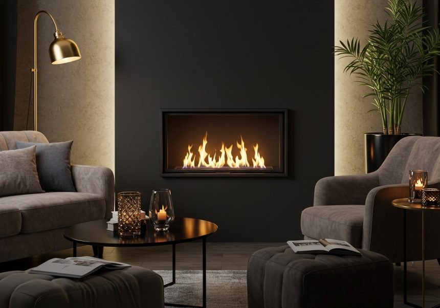 Ein moderner Bioethanol-Kamin mit flammendem Feuer in einem stilvollen Wohnzimmer.