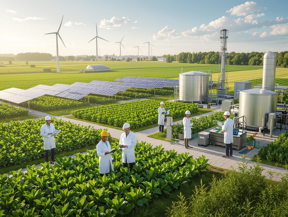 Forscher in weißen Laborkitteln arbeiten in einem nachhaltigen Agrarbereich mit Solarpanelen und Windkraftanlagen.