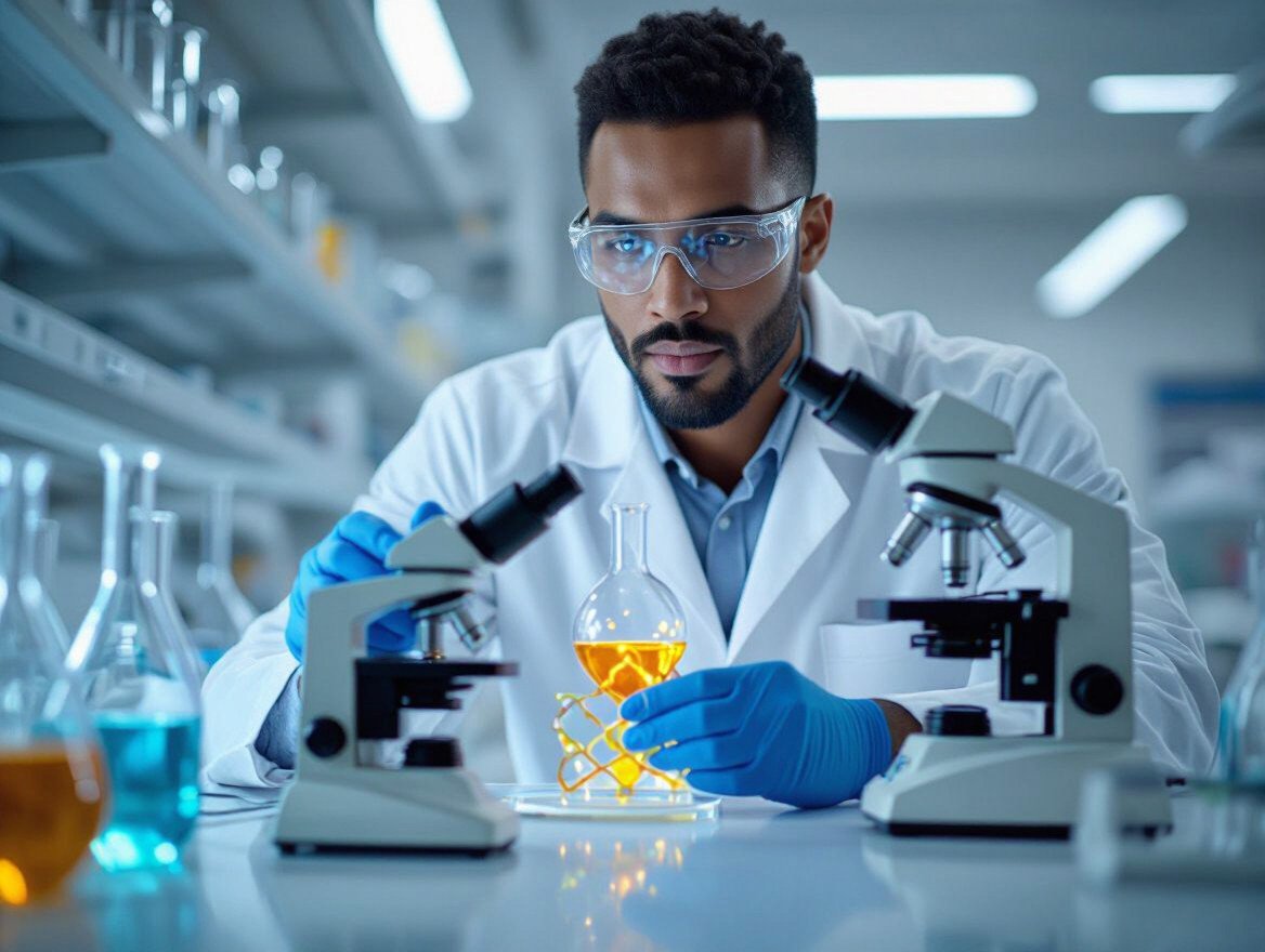 Ein Biotechnologe untersucht eine orangefarbene Flüssigkeit in einem Labor.