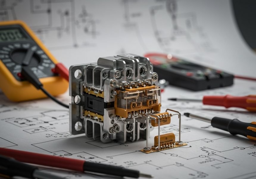 Ein Blinkrelais auf einem Schaltplan mit Werkzeugen zur Fehlersuche.