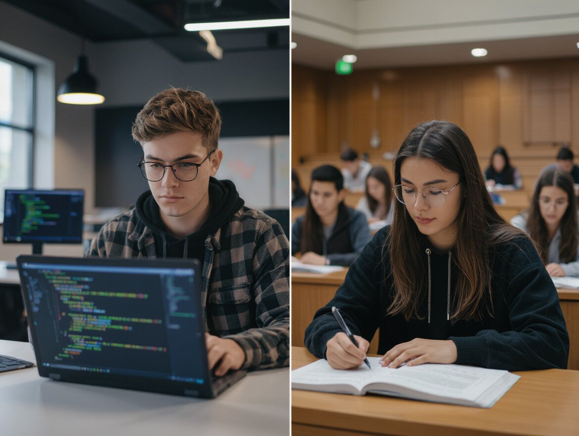 Ein junger Mann programmiert am Laptop, während eine Frau in einem Hörsaal lernt.