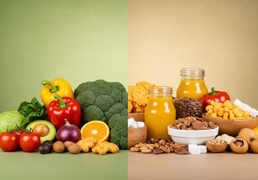 Eine bunte Auswahl an Gemüse und Snacks, die gesunde und ungesunde Ernährung symbolisieren.