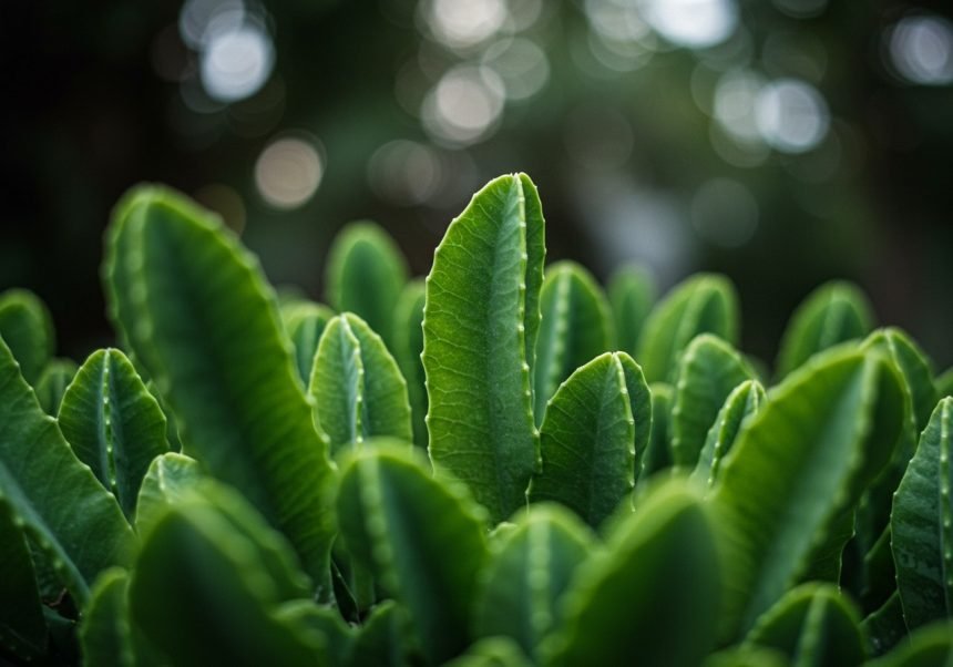 Nahaufnahme von Caralluma Fimbriata Blättern in einem grünen Umfeld.