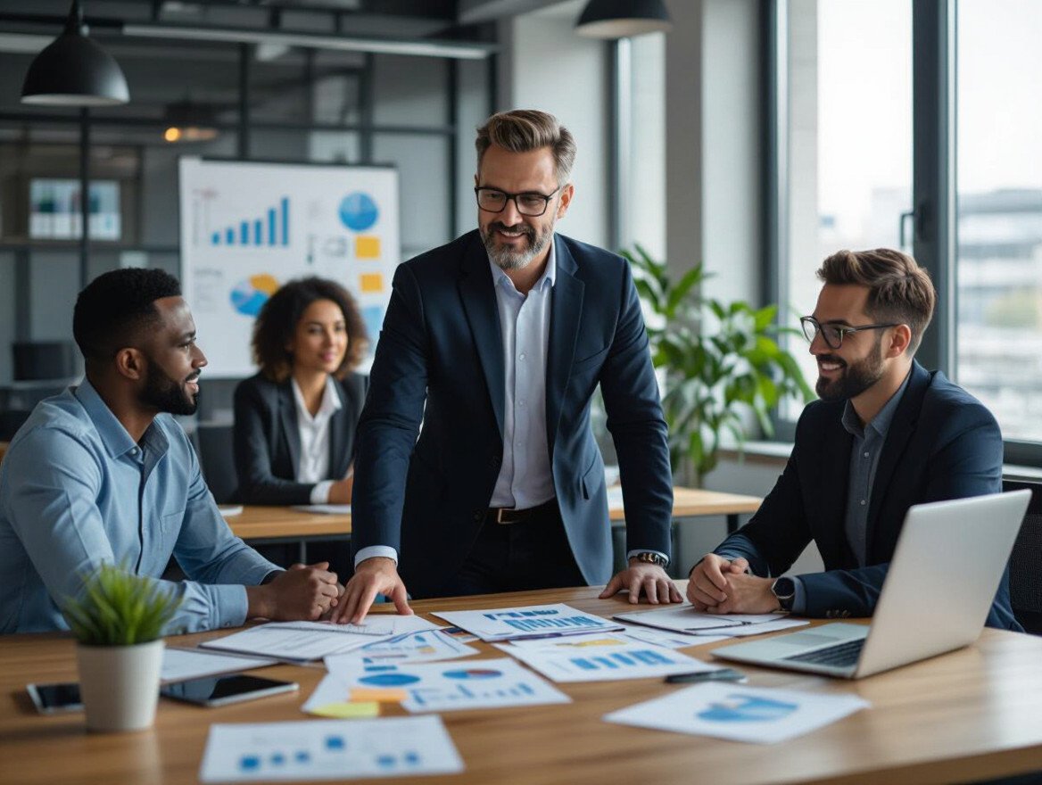 Ein Team von Fachleuten diskutiert Strategien in einem modernen Büro.