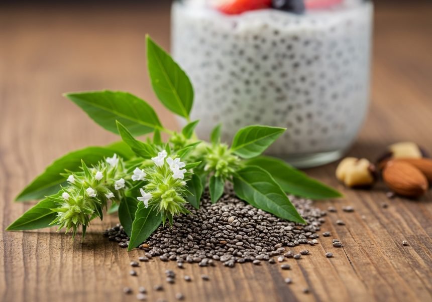 Chiasamen und frische Kräuter auf einem Holztisch, gesund und nahrhaft.