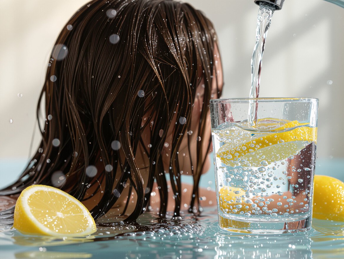 Eine Person mit nassen Haaren sitzt am Rand eines Pools, während Wasser in ein Glas mit Zitronenscheiben fließt.