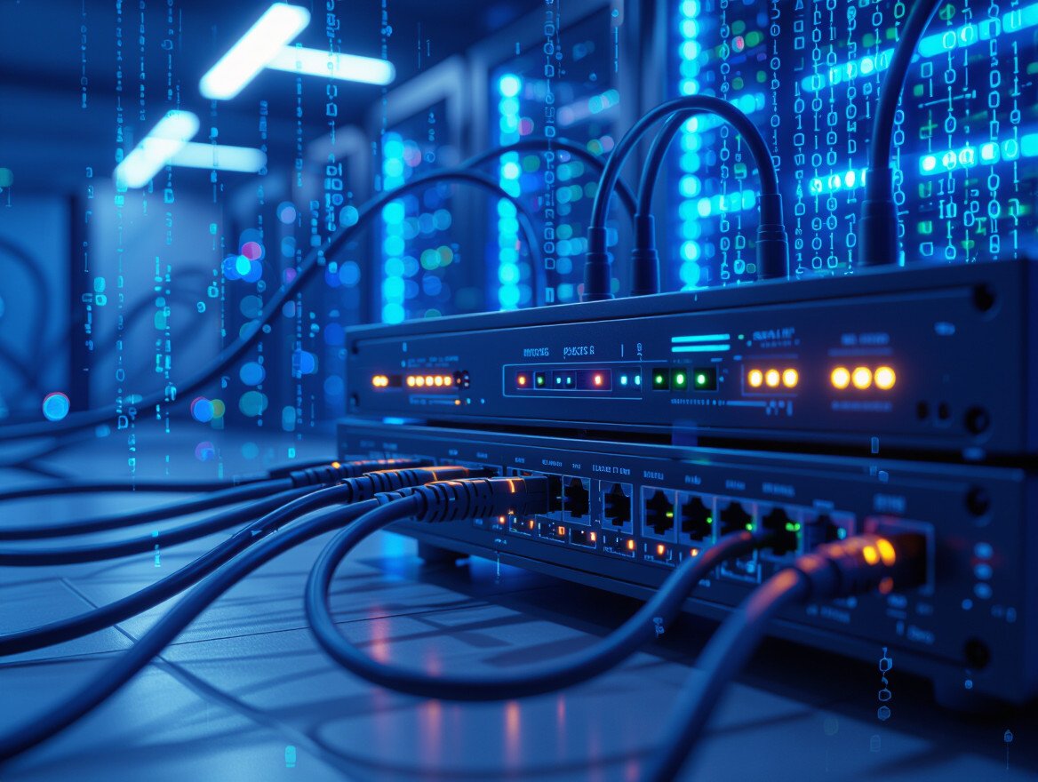 Moderne Netzwerktechnologie mit Kabeln und Lichtern in einem Serverraum.