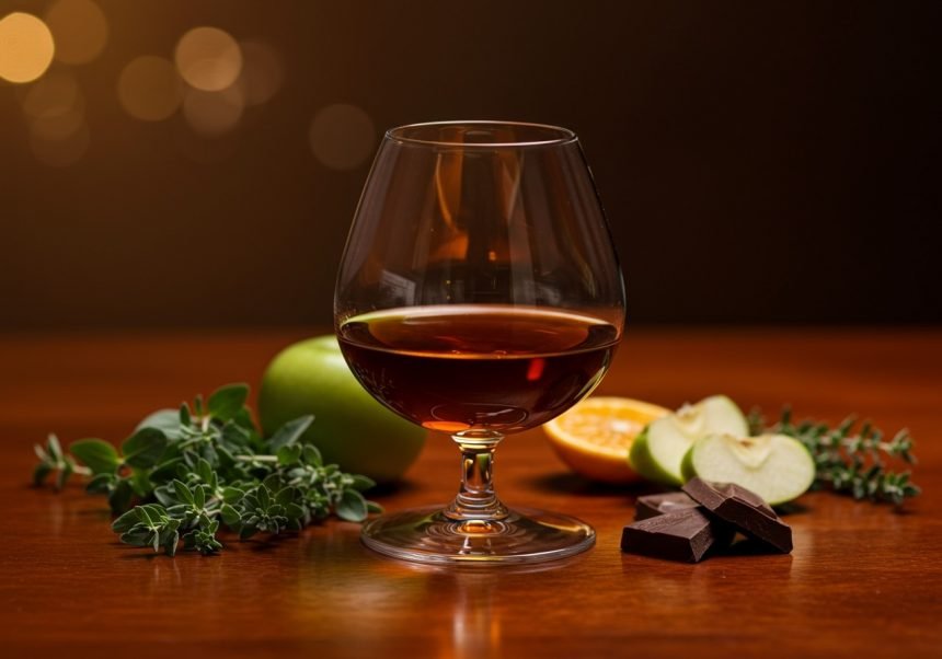 Ein Glas Cognac steht auf einem Holztisch, umgeben von frischen Äpfeln und Kräutern.