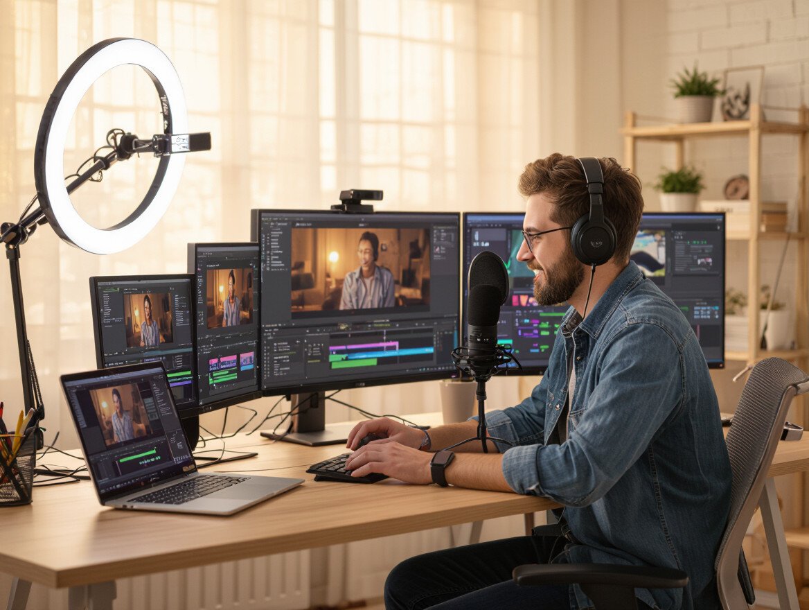 Ein Content Creator arbeitet an mehreren Bildschirmen mit Mikrofon und Kopfhörern.