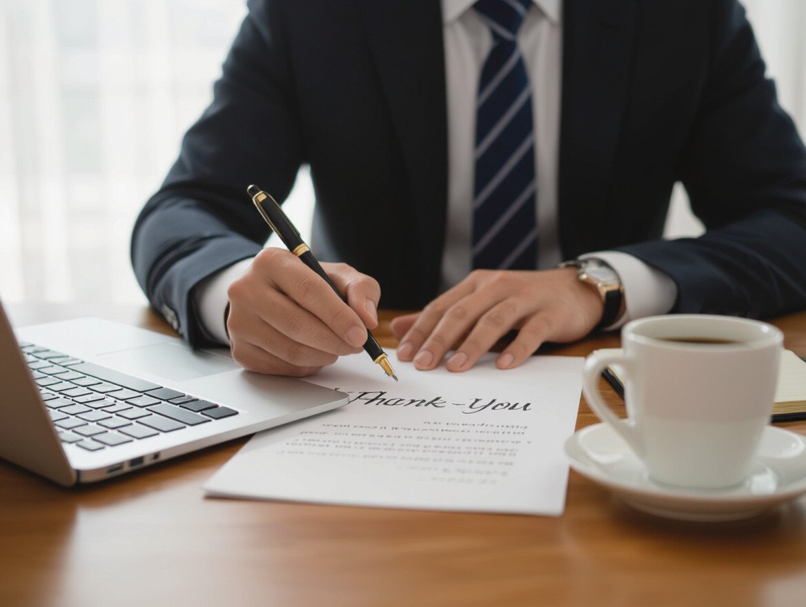 Ein Mann in Anzug schreibt einen Dankesbrief nach einem Vorstellungsgespräch.